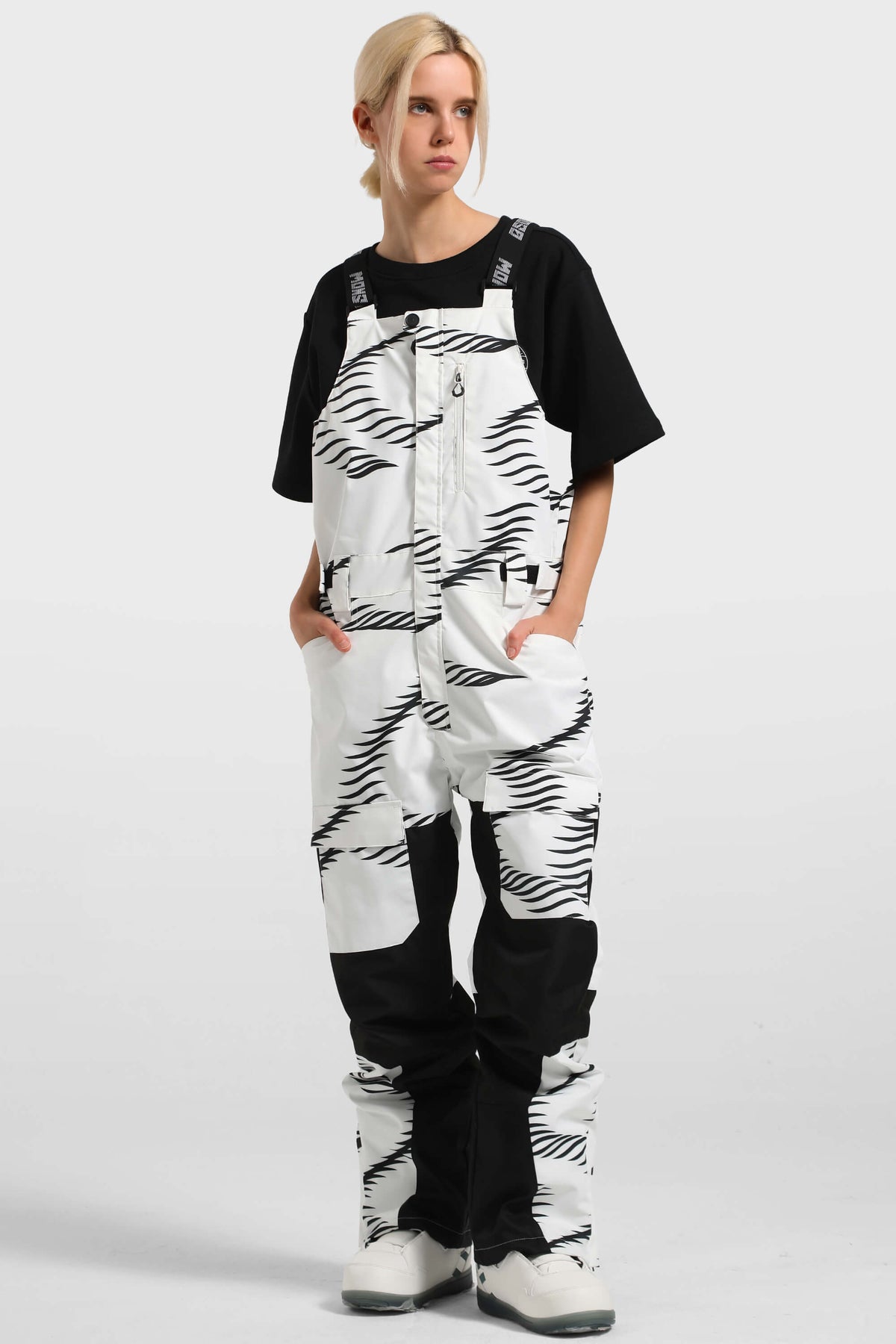 Women's Black Wavy Stripe Multi-Pocket Snow Bibs