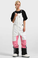 Women's White & Pink Multi-Pocket Snow Bibs