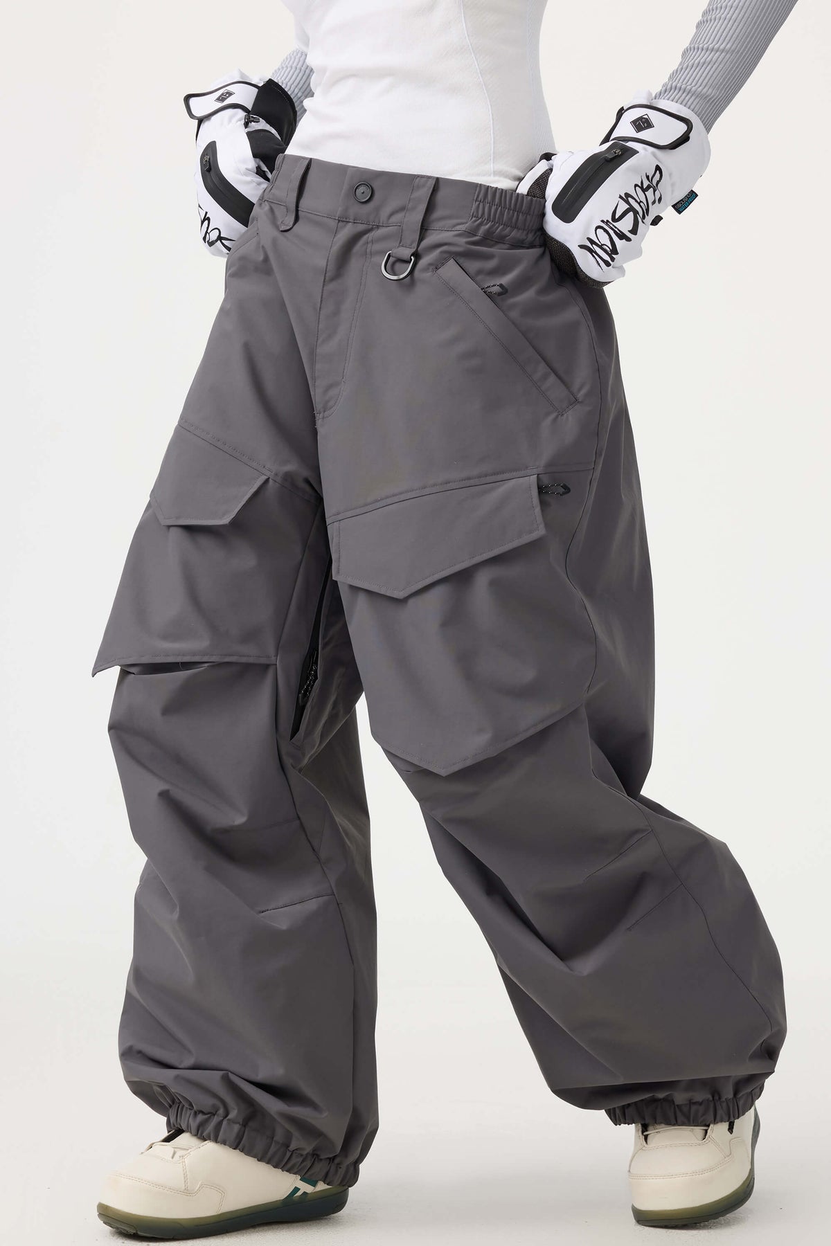 Women's Dark Gray Baggy Utility Wear-resistant Snow Pants