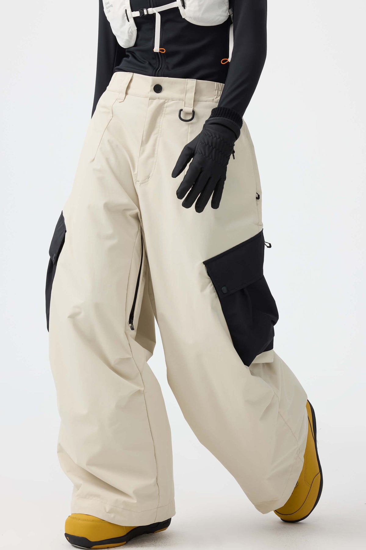 Women's Beige Baggy Color-Blocked Cargo Pocket Snow Pants