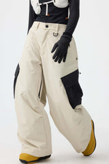 Women's Dark Gray Baggy Color-Blocked Cargo Pocket Snow Pants