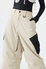 Women's Beige Baggy Color-Blocked Cargo Pocket Snow Pants