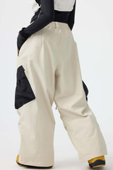 Women's Beige Baggy Color-Blocked Cargo Pocket Snow Pants