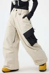 Women's Black Baggy Color-Blocked Cargo Pocket Snow Pants