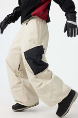 Men's Dark Gray Baggy Color-Blocked Cargo Pocket Snow Pants