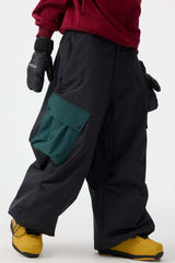 Women's Dark Gray Baggy Color-Blocked Cargo Pocket Snow Pants