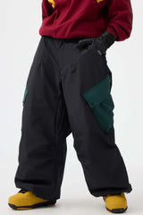 Women's Dark Gray Baggy Color-Blocked Cargo Pocket Snow Pants