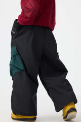 Women's Beige Baggy Color-Blocked Cargo Pocket Snow Pants