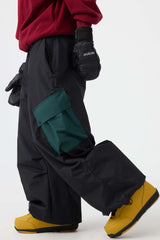 Women's Dark Gray Baggy Color-Blocked Cargo Pocket Snow Pants