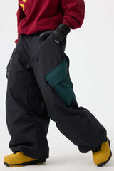 Women's Beige Baggy Color-Blocked Cargo Pocket Snow Pants