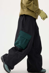 Men's Black Baggy Color-Blocked Cargo Pocket Snow Pants