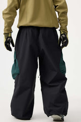 Men's Black Baggy Color-Blocked Cargo Pocket Snow Pants