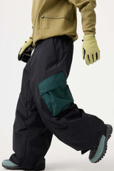 Men's Dark Gray Baggy Color-Blocked Cargo Pocket Snow Pants