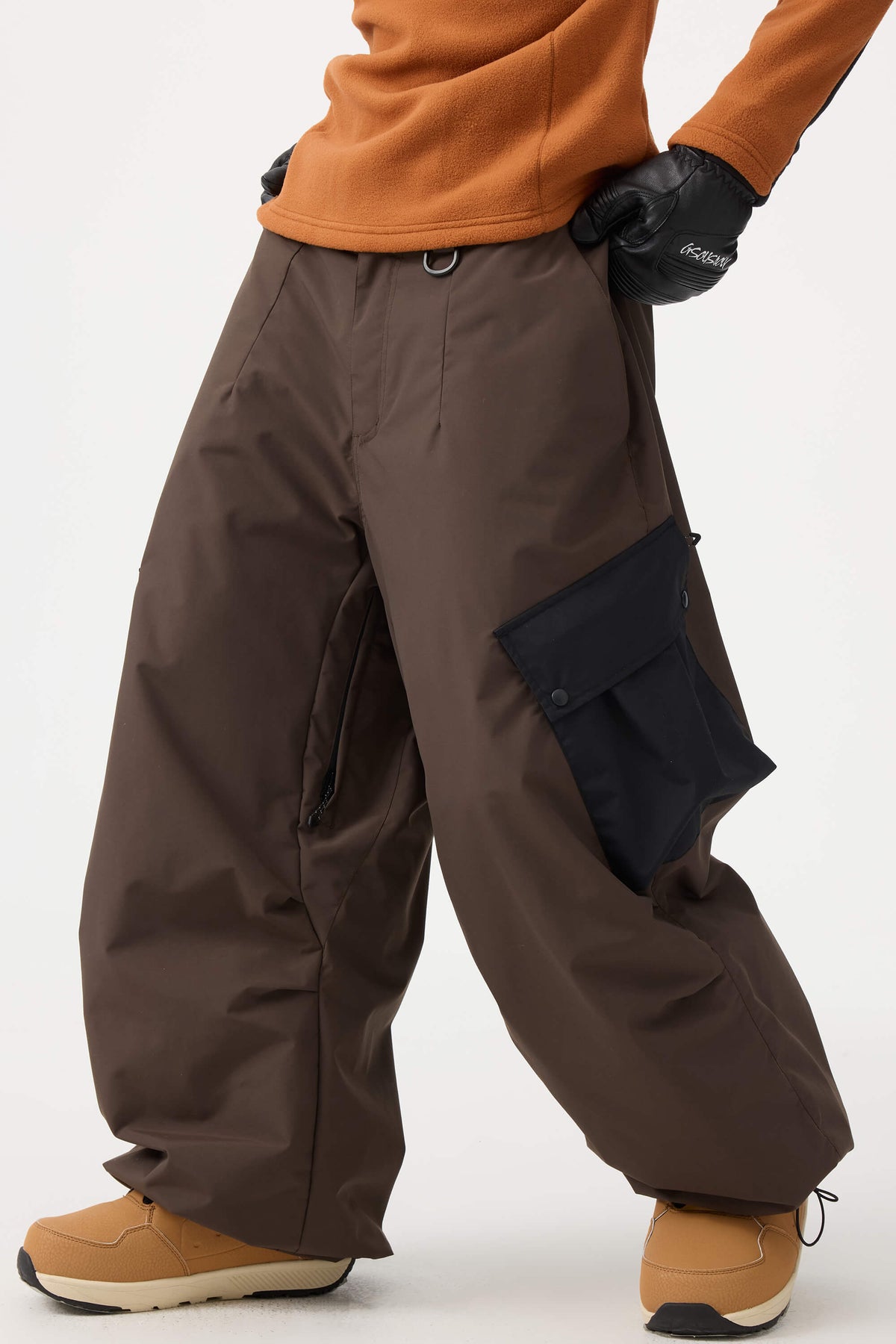 Women's Coffee Baggy Color-Blocked Cargo Pocket Snow Pants