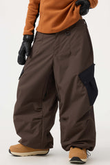 Women's Dark Gray Baggy Color-Blocked Cargo Pocket Snow Pants