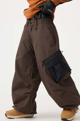 Women's Dark Gray Baggy Color-Blocked Cargo Pocket Snow Pants