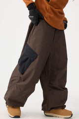 Women's Dark Gray Baggy Color-Blocked Cargo Pocket Snow Pants