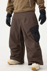 Men's Dark Gray Baggy Color-Blocked Cargo Pocket Snow Pants