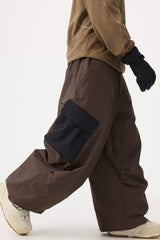 Men's Coffee Baggy Color-Blocked Cargo Pocket Snow Pants