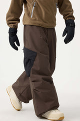 Men's Black Baggy Color-Blocked Cargo Pocket Snow Pants