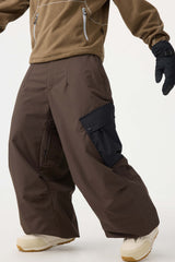 Men's Black Baggy Color-Blocked Cargo Pocket Snow Pants