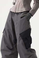 Women's Dark Gray Baggy Color-Blocked Cargo Pocket Snow Pants