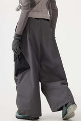 Women's Dark Gray Baggy Color-Blocked Cargo Pocket Snow Pants