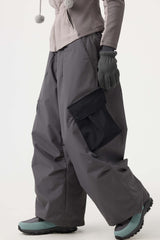 Women's Black Baggy Color-Blocked Cargo Pocket Snow Pants