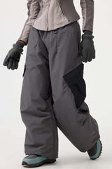 Women's Dark Gray Baggy Color-Blocked Cargo Pocket Snow Pants