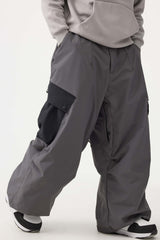 Men's Dark Gray Baggy Color-Blocked Cargo Pocket Snow Pants