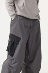 Men's Coffee Baggy Color-Blocked Cargo Pocket Snow Pants