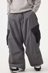 Men's Dark Gray Baggy Color-Blocked Cargo Pocket Snow Pants