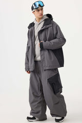 Men's Black Baggy Color-Blocked Cargo Pocket Snow Pants