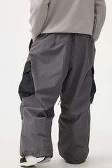 Men's Dark Gray Baggy Color-Blocked Cargo Pocket Snow Pants