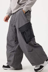 Men's Dark Gray Baggy Color-Blocked Cargo Pocket Snow Pants