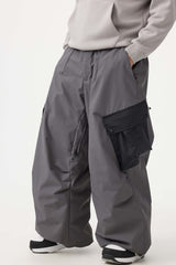 Men's Coffee Baggy Color-Blocked Cargo Pocket Snow Pants