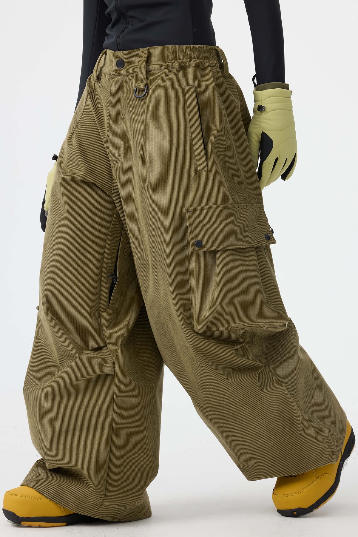 Women's Olive Green Baggy Structured Soft Corduroy Snow Pants