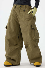 Women's Olive Green Baggy Structured Soft Corduroy Snow Pants