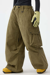 Women's Olive Green Baggy Structured Soft Corduroy Snow Pants