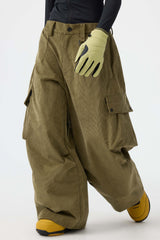 Women's Olive Green Baggy Structured Soft Corduroy Snow Pants