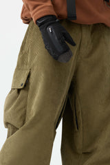 Men's Olive Green Baggy Structured Soft Corduroy Snow Pants