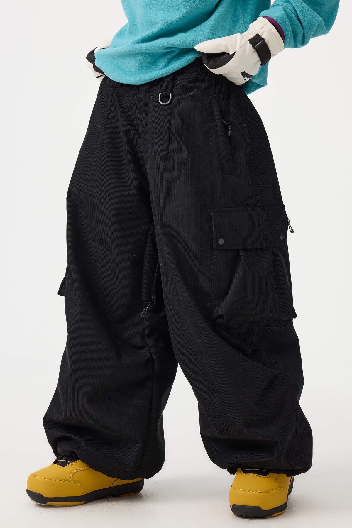 Women's Black Baggy Structured Soft Corduroy Snow Pants